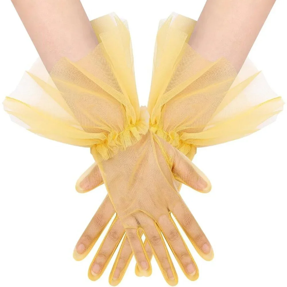 Women's Puffy Ruffle Yellow Tulle Sheer Mesh Party Prom One Size Short Gloves